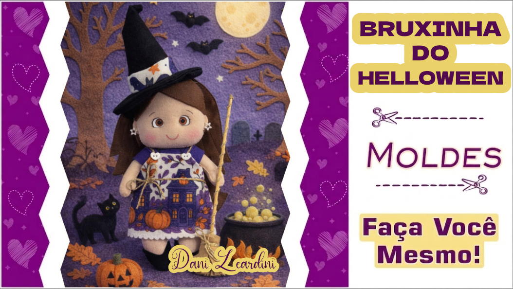 Leia mais sobre o artigo Molde de Bruxinha de Halloween em Feltro — Grátis para Imprimir
